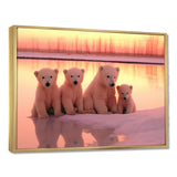 Four Adorable Polar Bears Pink Sunset - Bear Landscape Living Room Wall Art