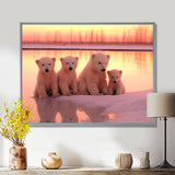 Four Adorable Polar Bears Pink Sunset - Bear Landscape Living Room Wall Art