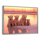 Four Adorable Polar Bears Pink Sunset - Bear Landscape Living Room Wall Art
