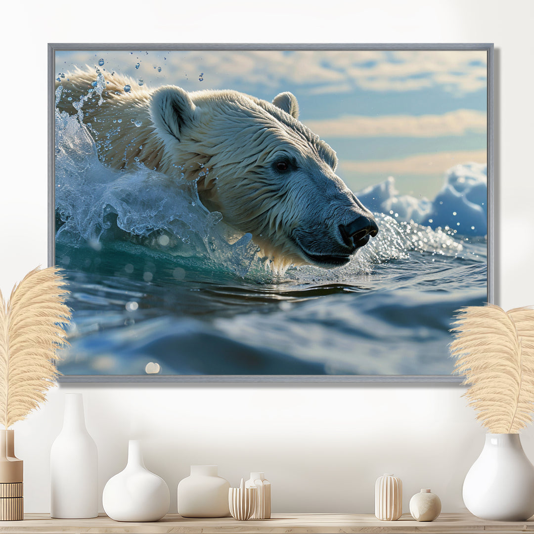 Polar Bear Swimming In Artic Sea - Bear Canvas Wall Art