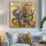 Blue Octopus Asian Vintage Gold - Octopus Large Canvas Wall Art
