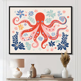 Deep Ocean Red Octopus Retro Illustration - Octopus Bedroom Wall Art