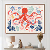 Deep Ocean Red Octopus Retro Illustration - Octopus Bedroom Wall Art