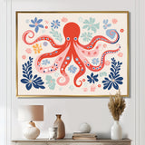 Deep Ocean Red Octopus Retro Illustration - Octopus Bedroom Wall Art
