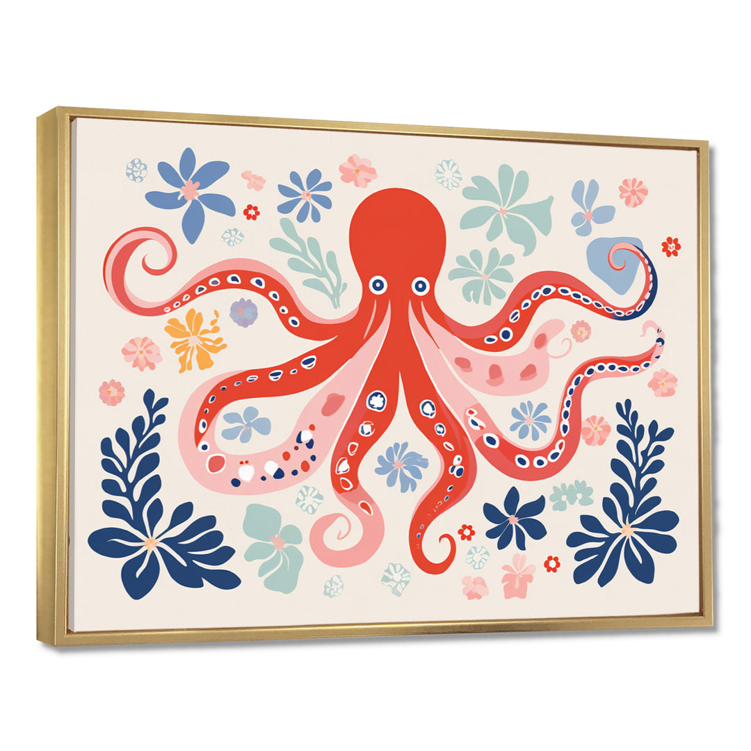 Deep Ocean Red Octopus Retro Illustration - Octopus Bedroom Wall Art