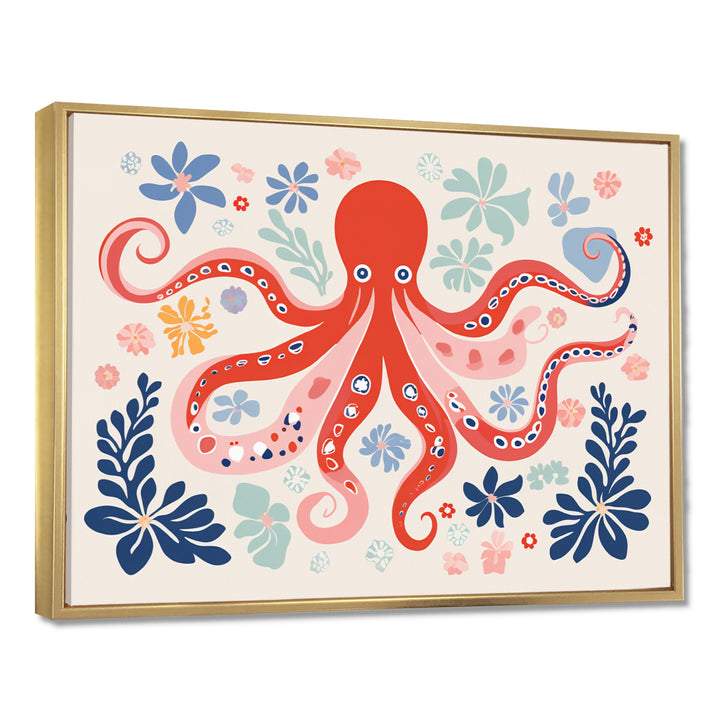 Deep Ocean Red Octopus Retro Illustration - Octopus Bedroom Wall Art