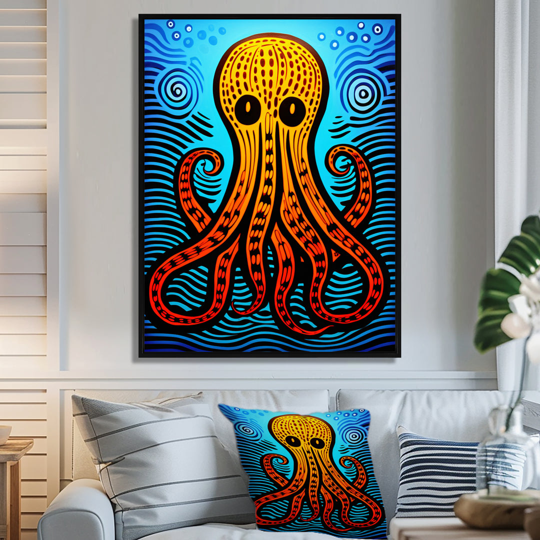 Orange Deep Sea Octopus Retro Abstract - Octopus Canvas Wall Art