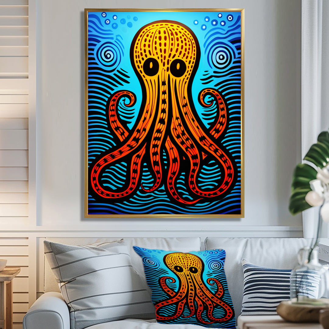 Orange Deep Sea Octopus Retro Abstract - Octopus Canvas Wall Art