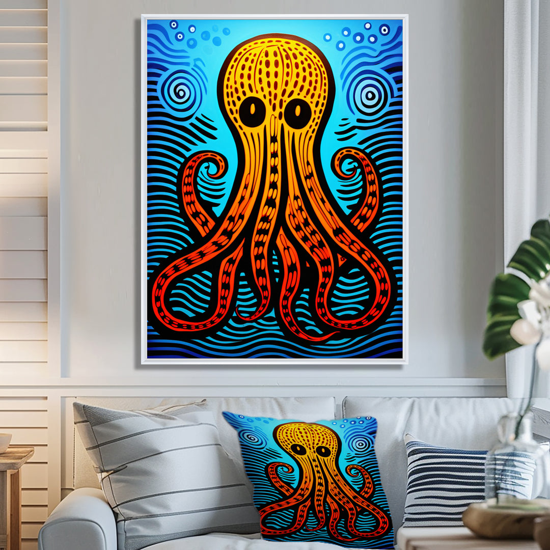 Orange Deep Sea Octopus Retro Abstract - Octopus Canvas Wall Art