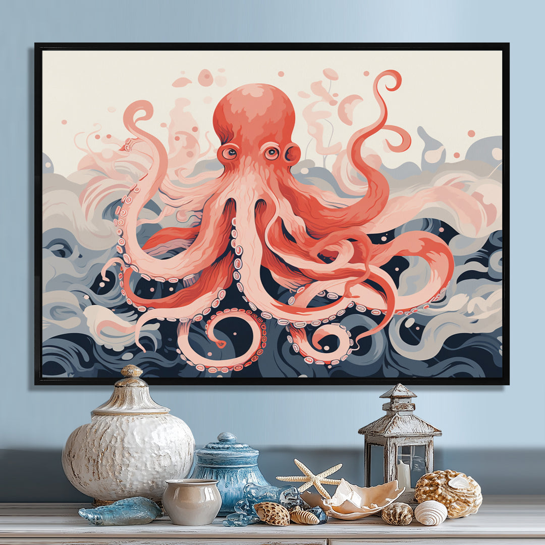 Octopus Queen On The Waves Retro Illustration - Octopus Wall Decor