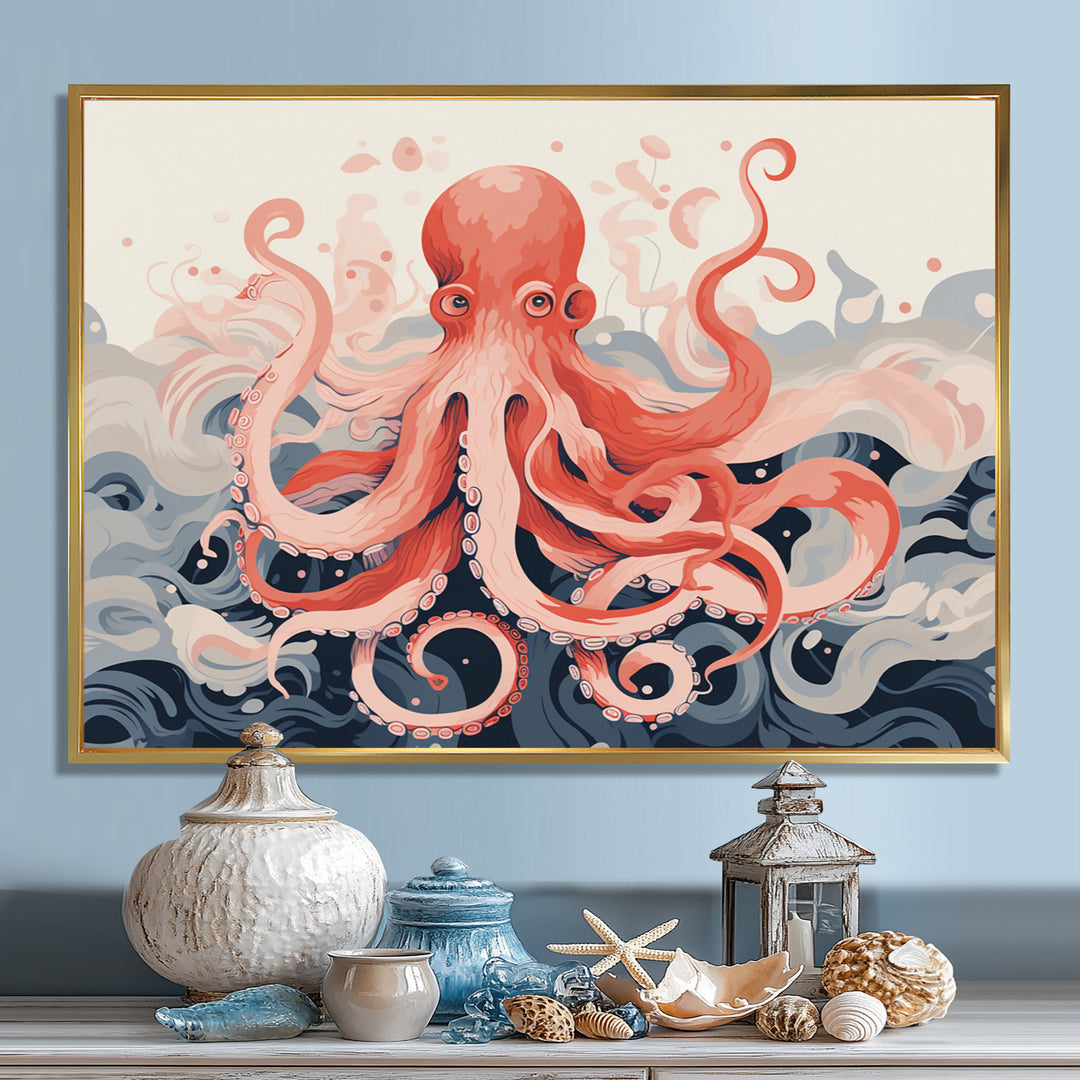 Octopus Queen On The Waves Retro Illustration - Octopus Wall Decor