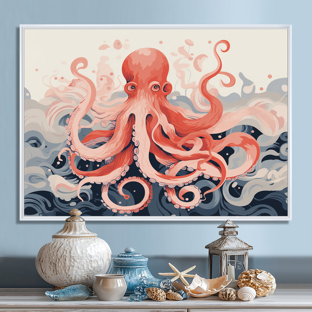 Octopus Queen On The Waves Retro Illustration - Octopus Wall Decor