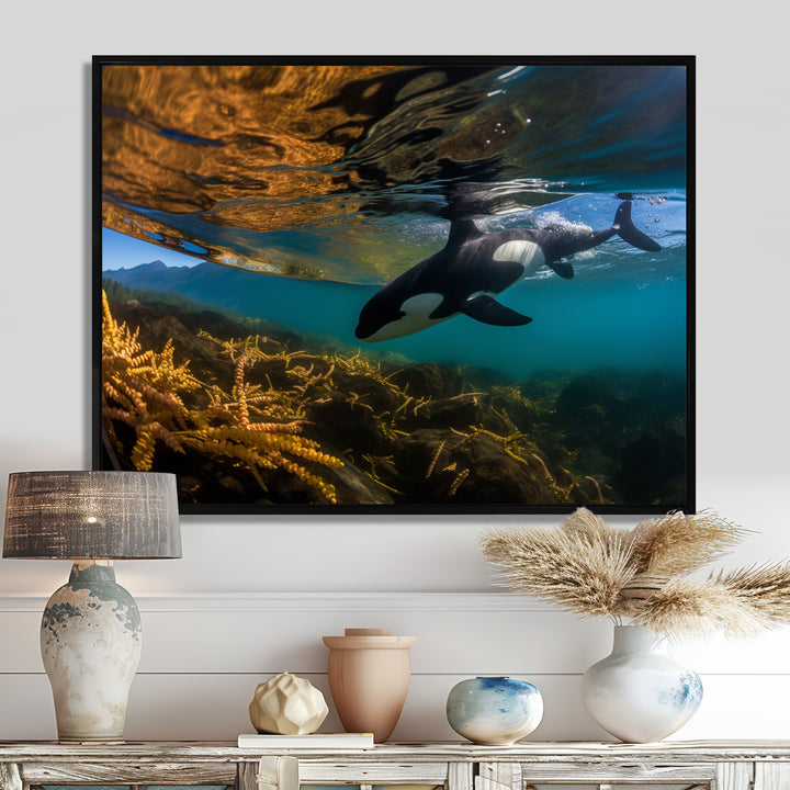 Orca Swimming In Blue Lagoon - Black Coastal Animal Wall Art