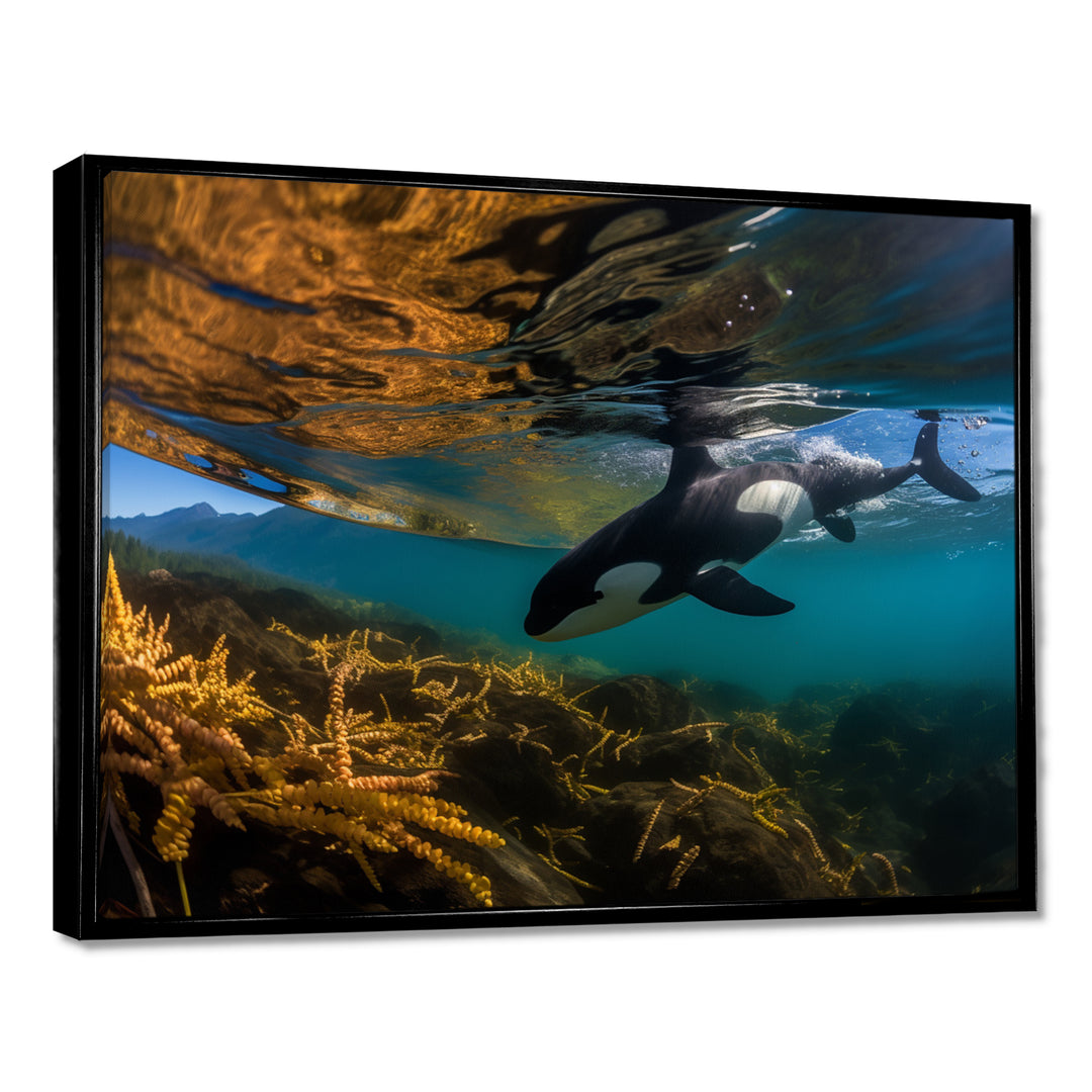 Orca Swimming In Blue Lagoon - Black Coastal Animal Wall Art