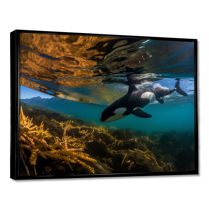 Orca Swimming In Blue Lagoon - Black Coastal Animal Wall Art