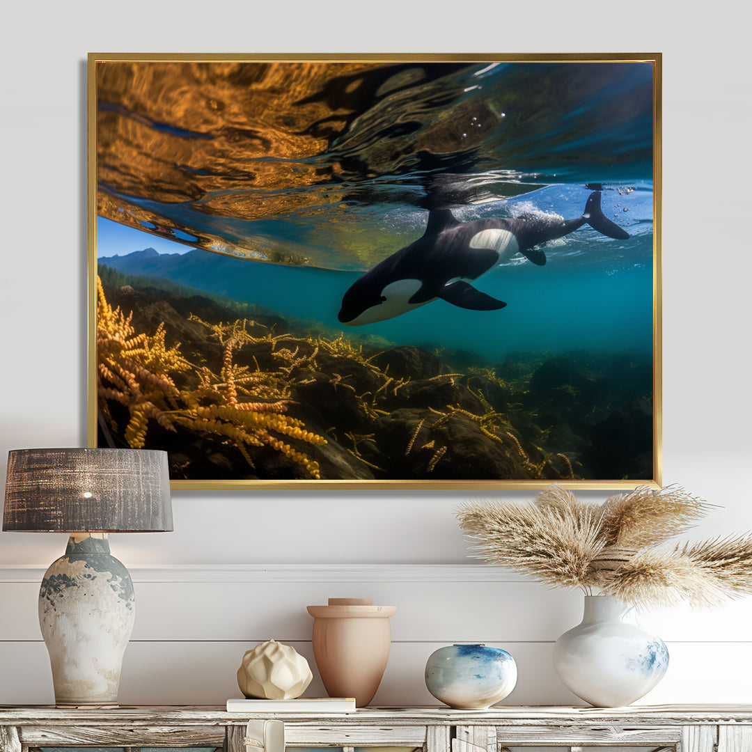 Orca Swimming In Blue Lagoon - Black Coastal Animal Wall Art