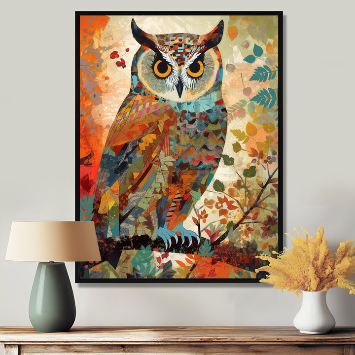 Colorful Boho Owl Retro Illustration - Owl Canvas Wall Art