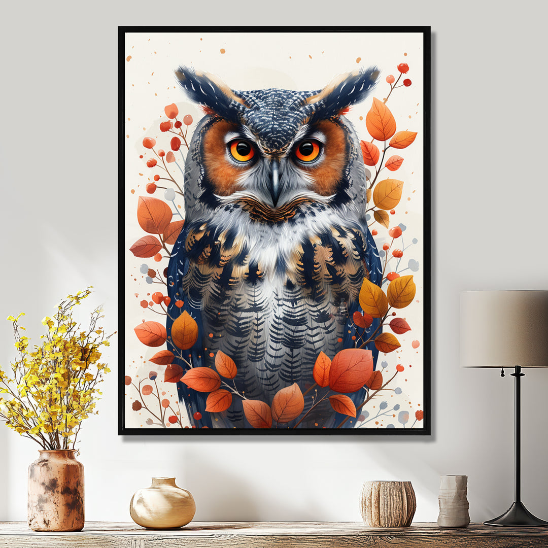 Nobel Owl Red Autumn Leaves - Owl Framed Canvas Art