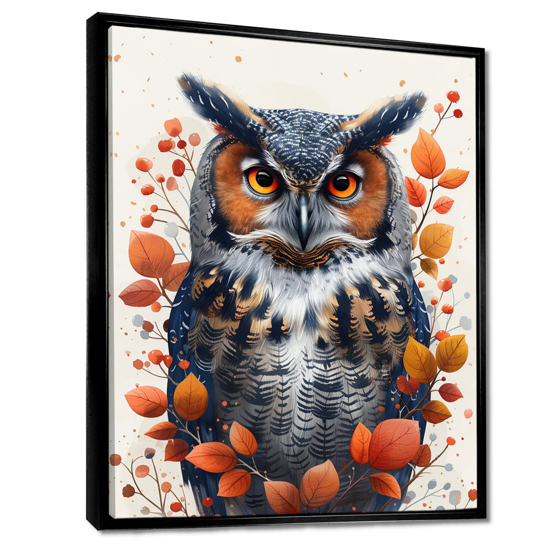 Nobel Owl Red Autumn Leaves - Owl Framed Canvas Art