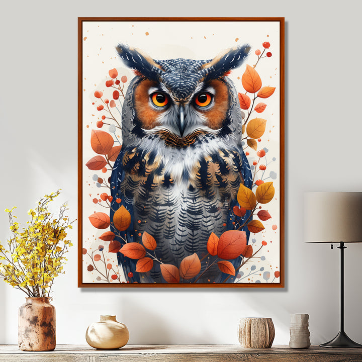 Nobel Owl Red Autumn Leaves - Owl Framed Canvas Art