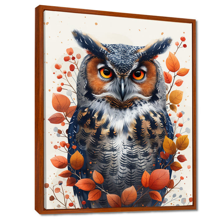 Nobel Owl Red Autumn Leaves - Owl Framed Canvas Art