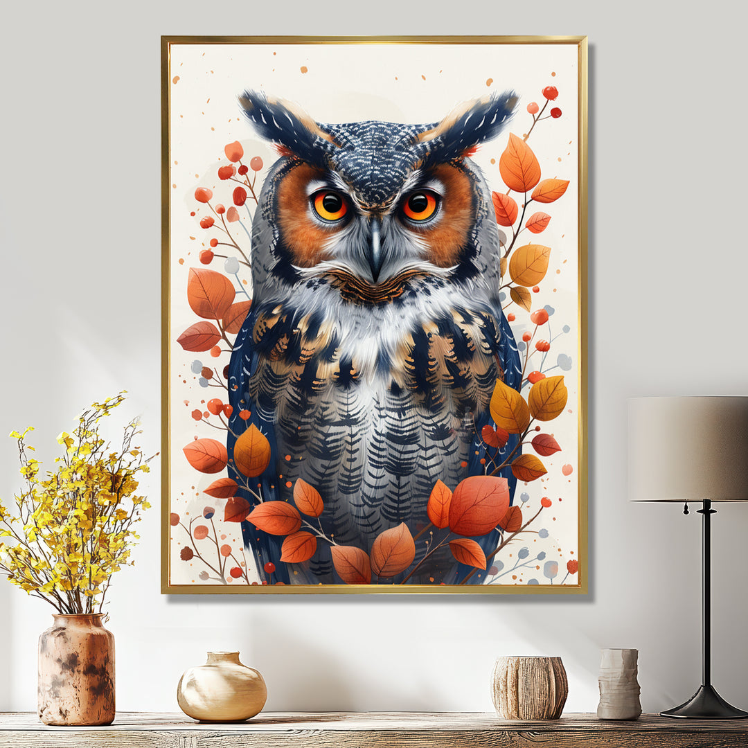 Nobel Owl Red Autumn Leaves - Owl Framed Canvas Art
