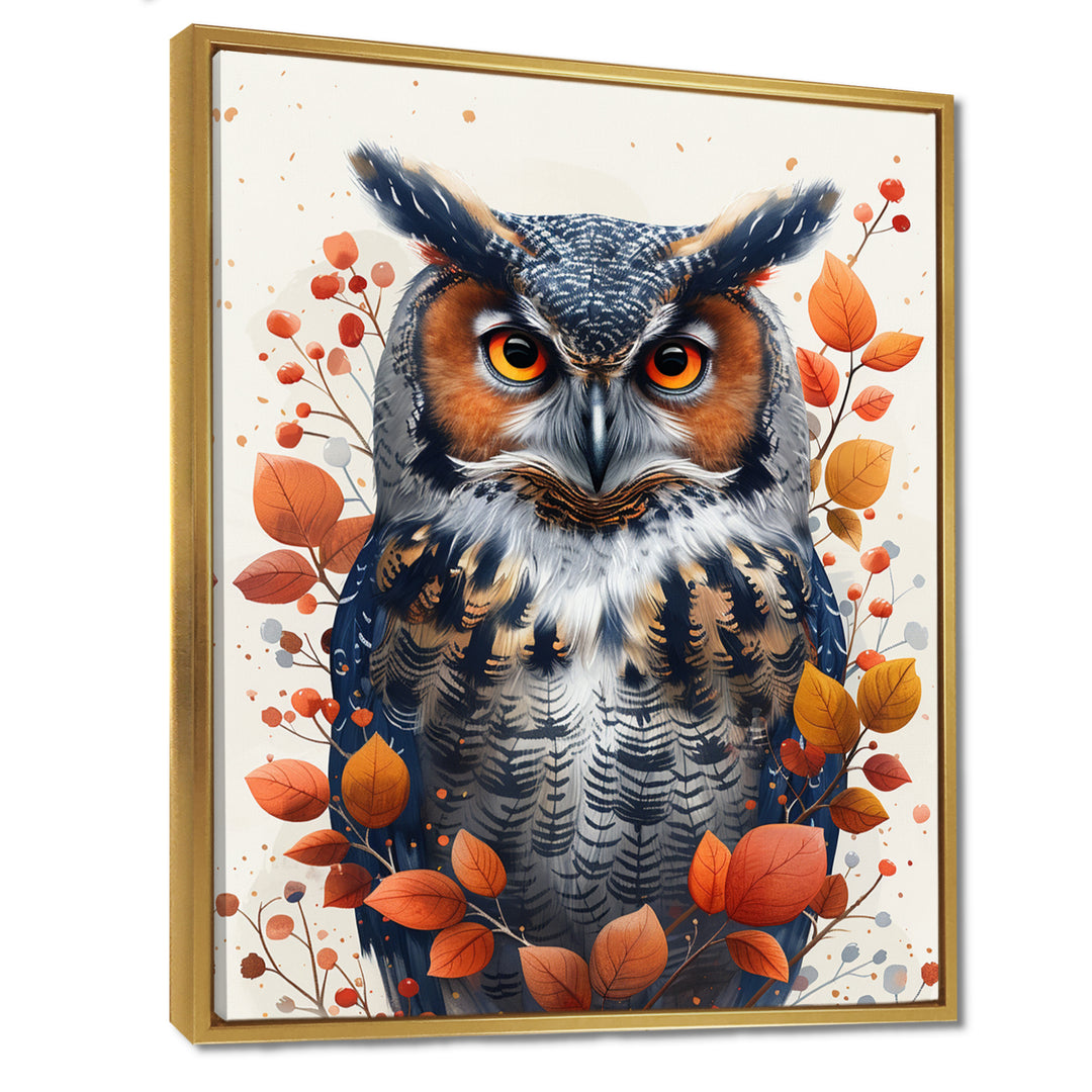Nobel Owl Red Autumn Leaves - Owl Framed Canvas Art
