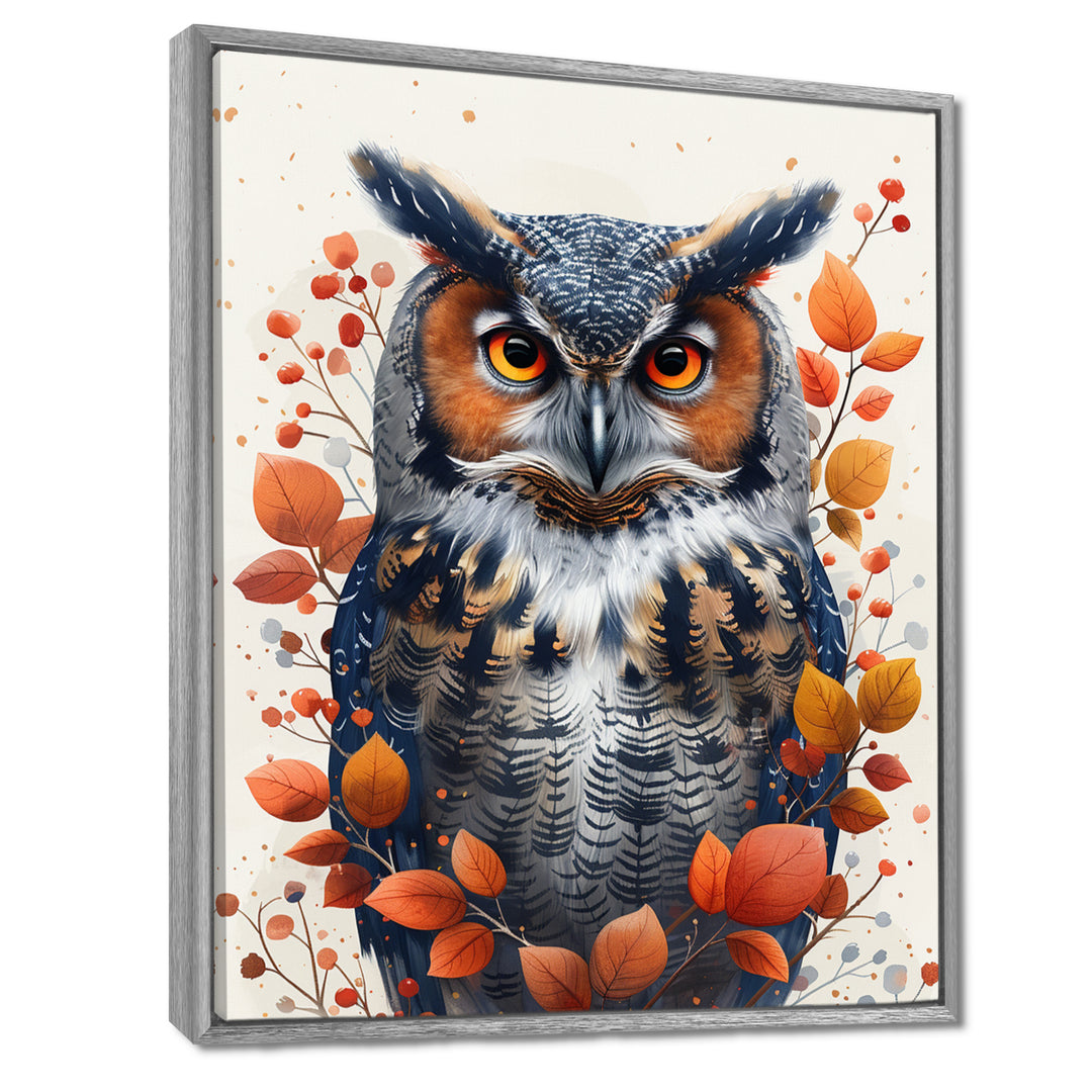 Nobel Owl Red Autumn Leaves - Owl Framed Canvas Art