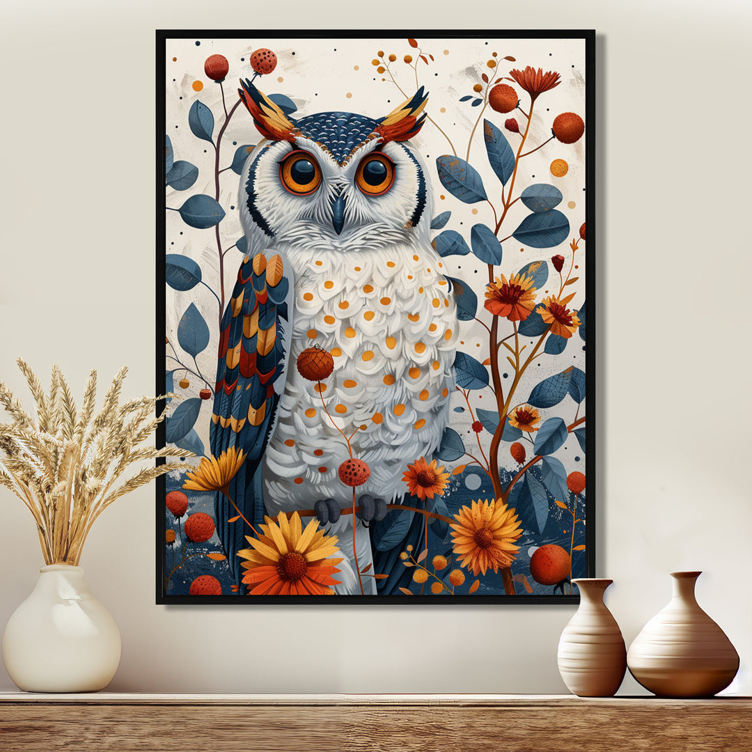 Nobel Owl Blooming Orange Flowers - Owl Large Canvas Wall Art