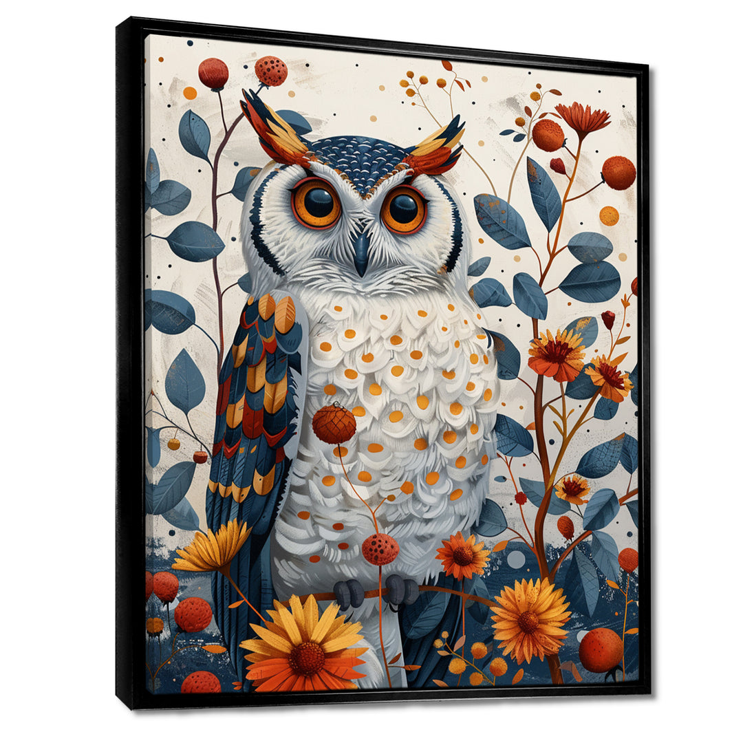 Nobel Owl Blooming Orange Flowers - Owl Large Canvas Wall Art