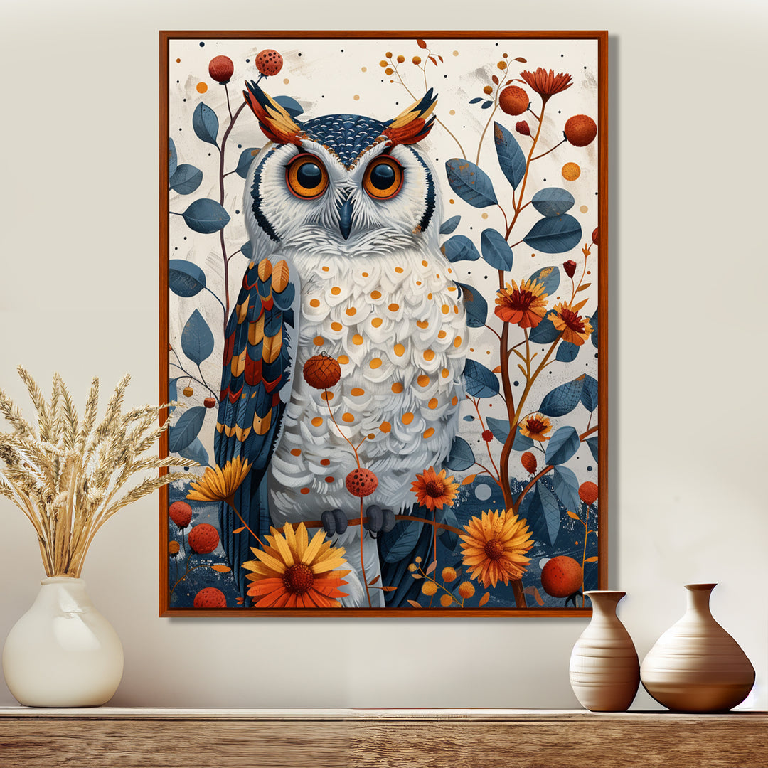 Nobel Owl Blooming Orange Flowers - Owl Large Canvas Wall Art