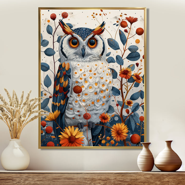 Nobel Owl Blooming Orange Flowers - Owl Large Canvas Wall Art