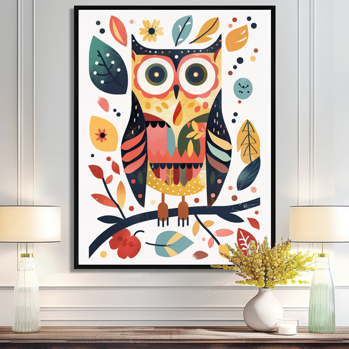 Whimsical Colorful Owl Autumn Leaves Retro - Owl Home Decor Art