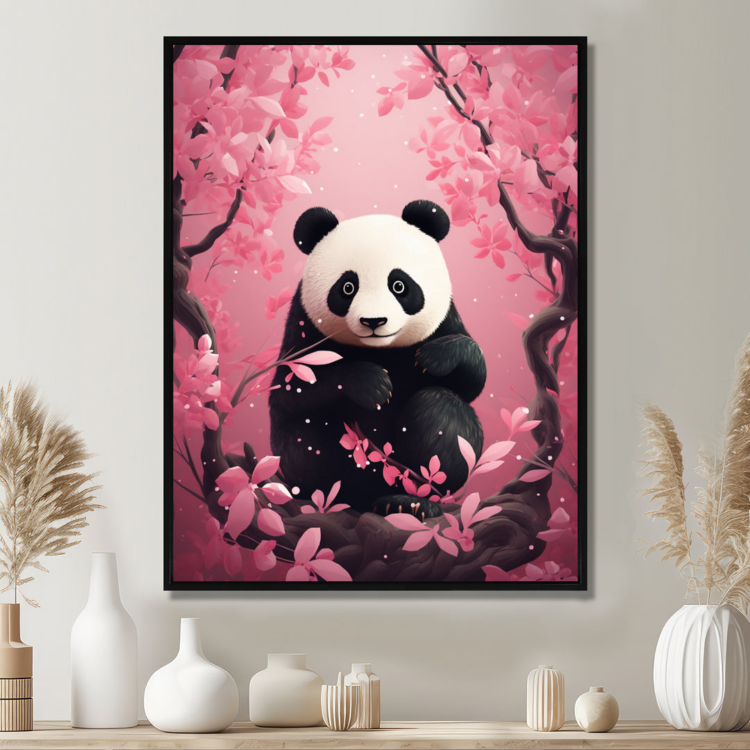 Panda In Pink Blossoming Tree - Panda Living Room Wall Art