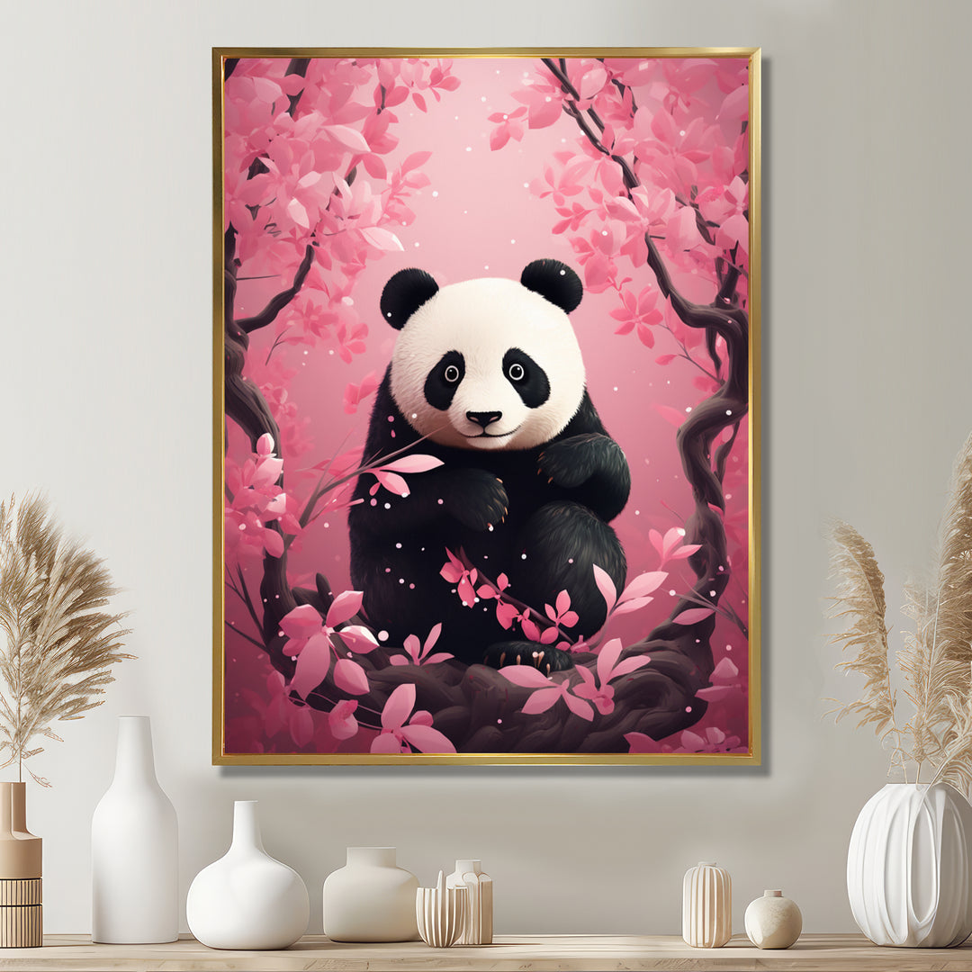 Panda In Pink Blossoming Tree - Panda Living Room Wall Art
