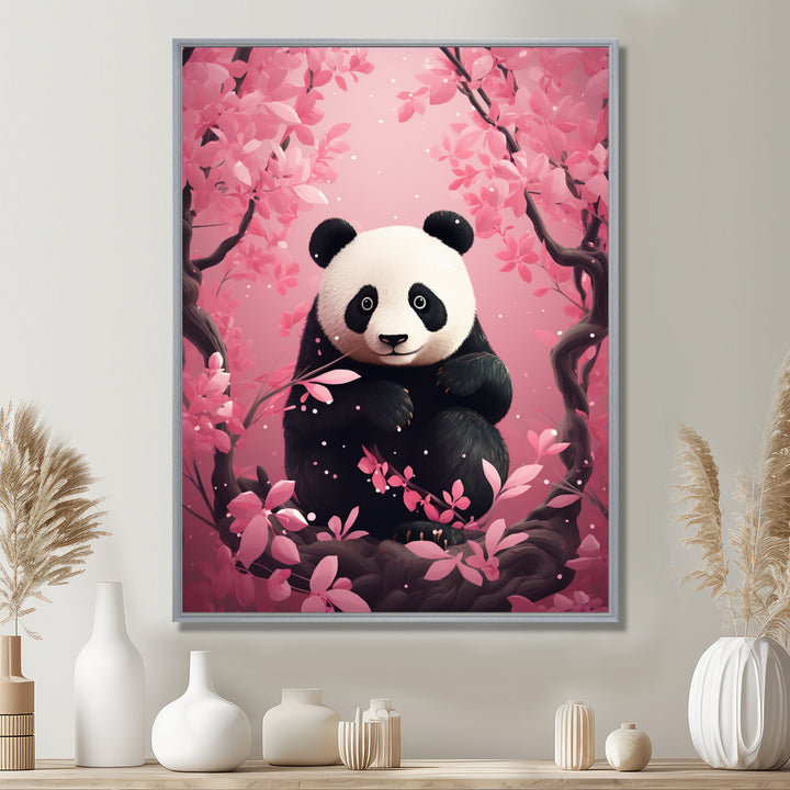 Panda In Pink Blossoming Tree - Panda Living Room Wall Art