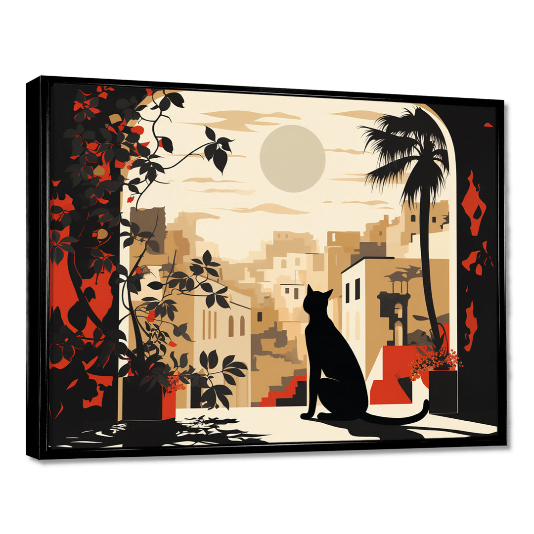 Urban Black Cat Watching The Full Moon Retro Illustration - Cat Canvas Wall Art