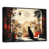 Urban Black Cat Watching The Full Moon Retro Illustration - Cat Canvas Wall Art