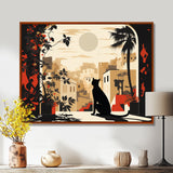 Urban Black Cat Watching The Full Moon Retro Illustration - Cat Canvas Wall Art