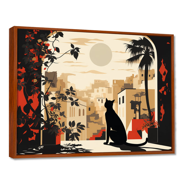 Urban Black Cat Watching The Full Moon Retro Illustration - Cat Canvas Wall Art