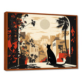 Urban Black Cat Watching The Full Moon Retro Illustration - Cat Canvas Wall Art