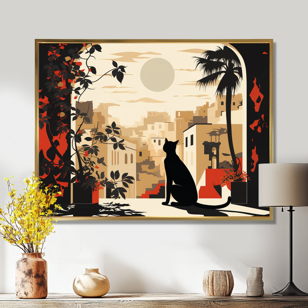 Urban Black Cat Watching The Full Moon Retro Illustration - Cat Canvas Wall Art