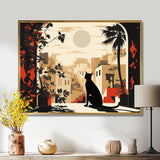 Urban Black Cat Watching The Full Moon Retro Illustration - Cat Canvas Wall Art
