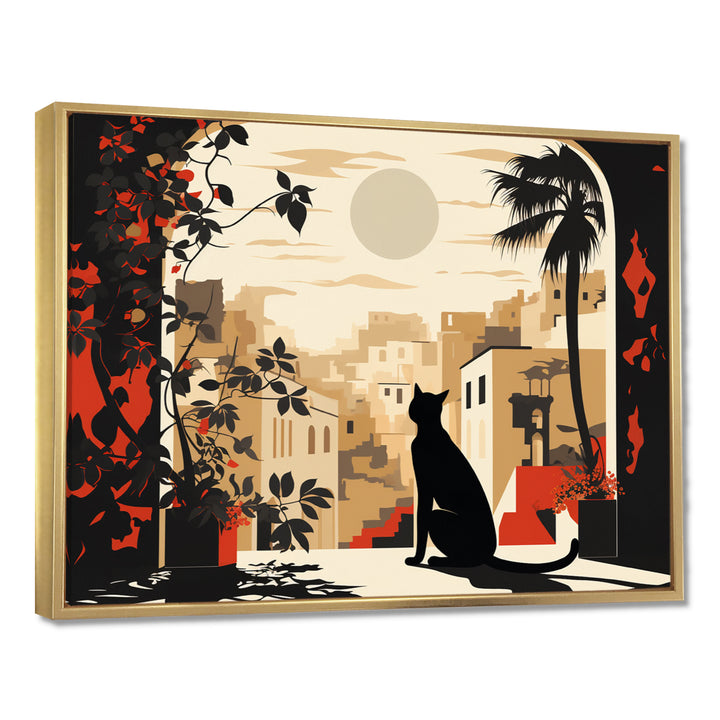 Urban Black Cat Watching The Full Moon Retro Illustration - Cat Canvas Wall Art