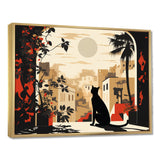 Urban Black Cat Watching The Full Moon Retro Illustration - Cat Canvas Wall Art