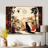 Urban Black Cat Watching The Full Moon Retro Illustration - Cat Canvas Wall Art