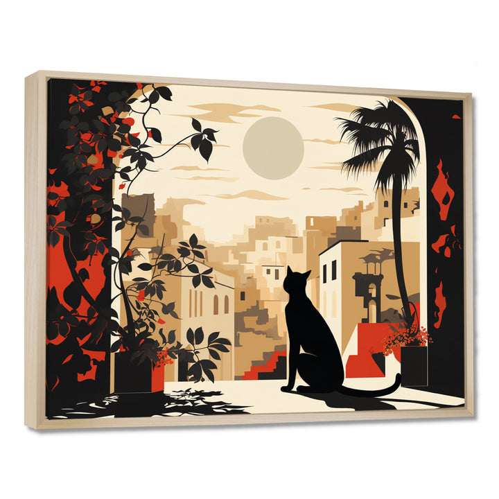 Urban Black Cat Watching The Full Moon Retro Illustration - Cat Canvas Wall Art