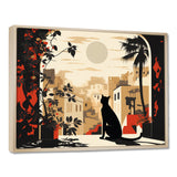 Urban Black Cat Watching The Full Moon Retro Illustration - Cat Canvas Wall Art