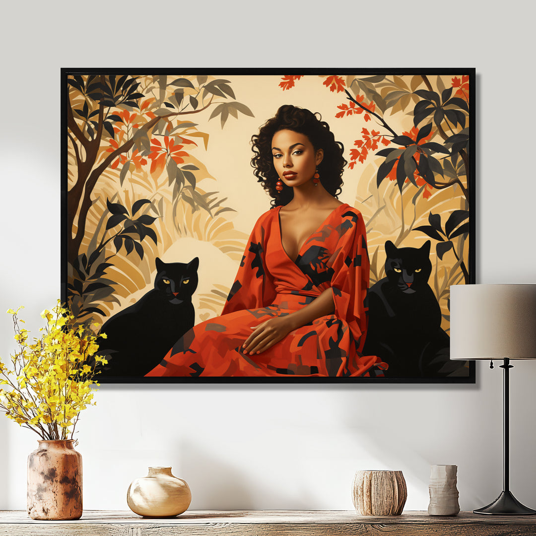 Two Black Panthers Woman In Red Dress - Panther Wall Art Prints