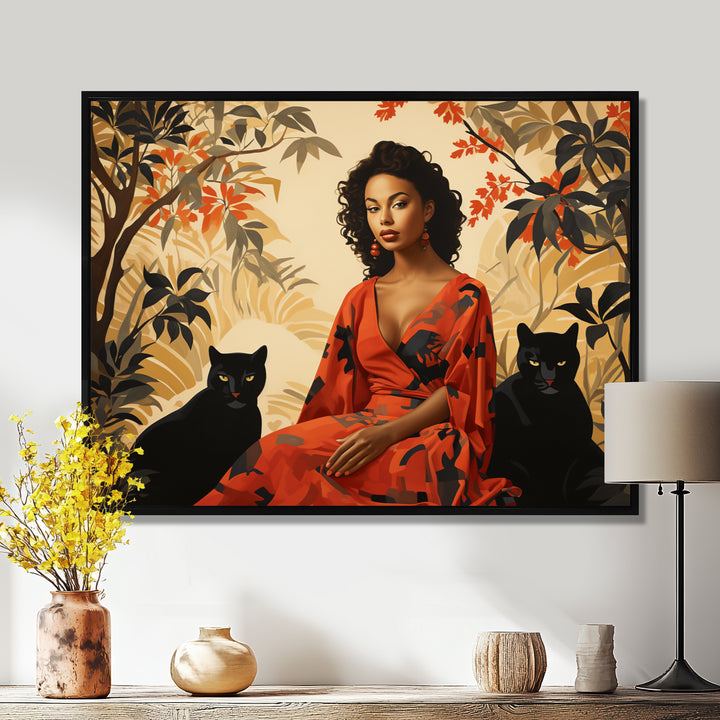 Two Black Panthers Woman In Red Dress - Panther Wall Art Prints